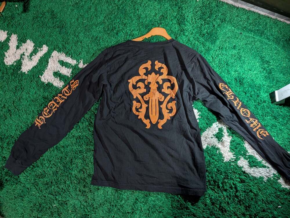 Chrome Hearts Dagger Long Sleeve T-Shirt in Black with Orange Striped Logo